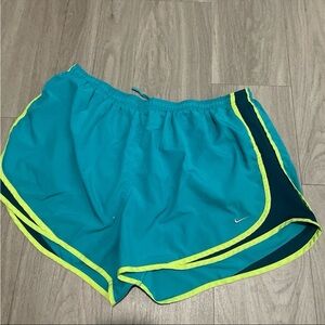 Nike Women's Teal Athletic Shorts with Neon Yellow Trim